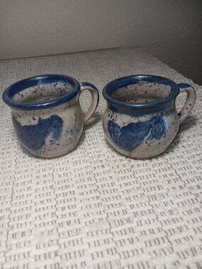 Set of 2 Handmade Artisan Pottery Mugs Blue Drip Glaze w/ Hearts Stoneware Cups